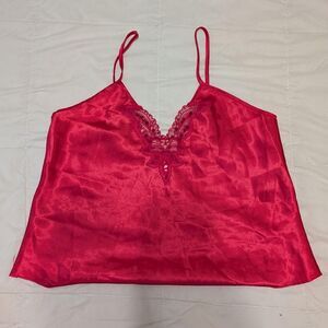 Fairy Red Whimsical Satin Cami Top With Lace Neckline‎ And Beaded Detail